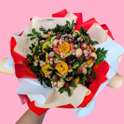 Яркий букет " Пламя вкуса" из микса отборных сухофруктов и орех с зеленью фисташки